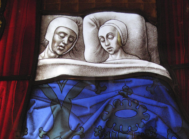 Medieval Stained Glass Window Panel Couple Sleeping